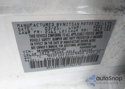 2021 Nissan Sentra Sv Xtronic Cvt из США, поврежденный, VIN 3N1AB8CV8MY261492